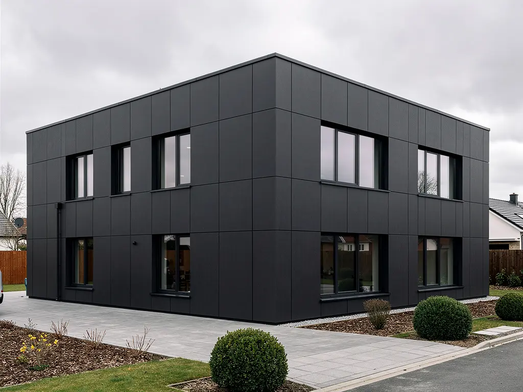 Pavillon rénové avec un bardage composite gris foncé et angles nets