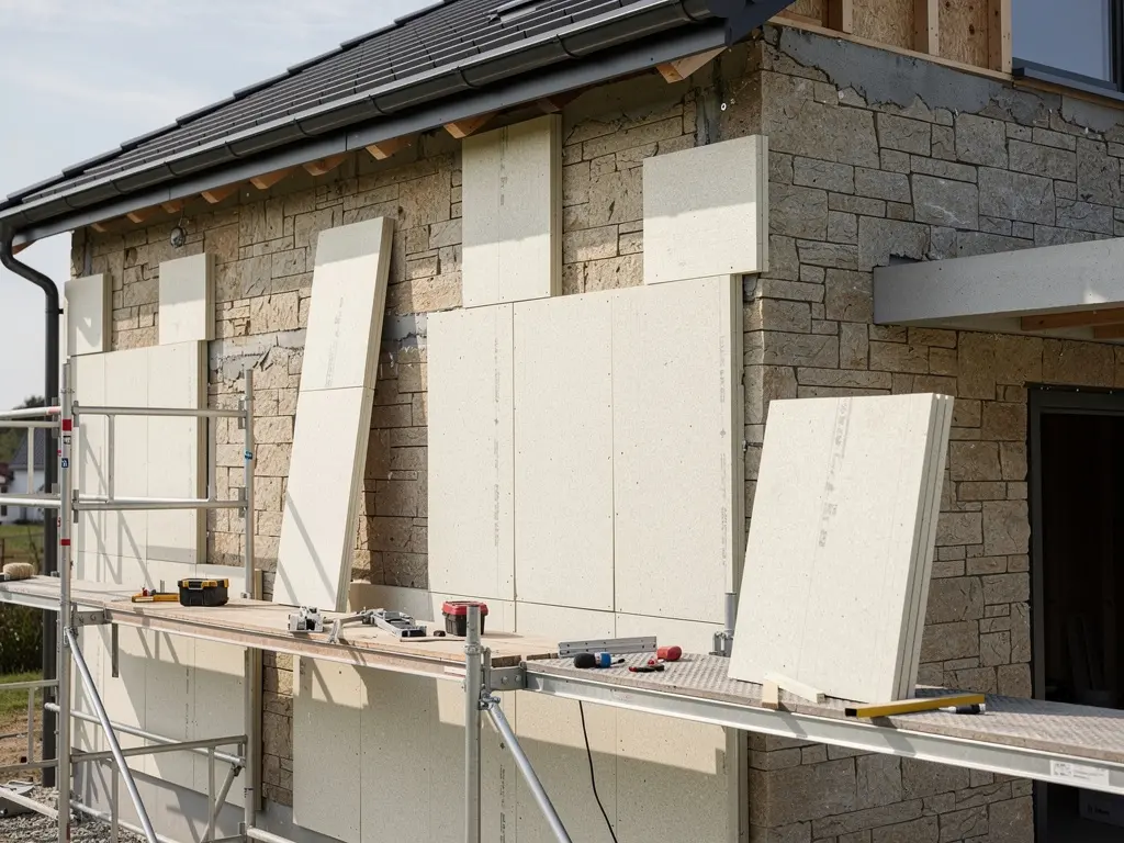 Panneaux isolants fixés sur le mur depuis un échafaudage de chantier